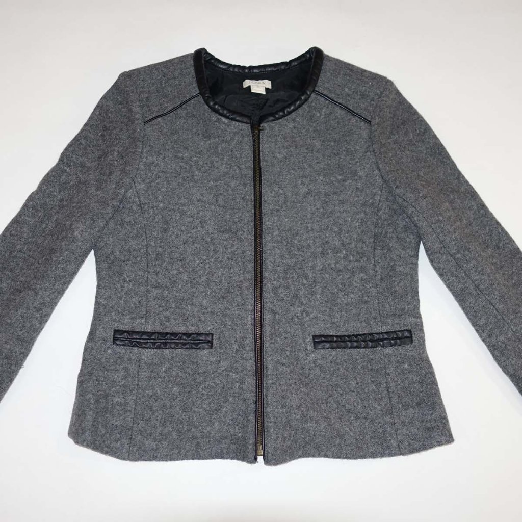 J. Crew Women's Zipper Blazer Jacket Small Gray Wool Blend Faux Leather Trim S